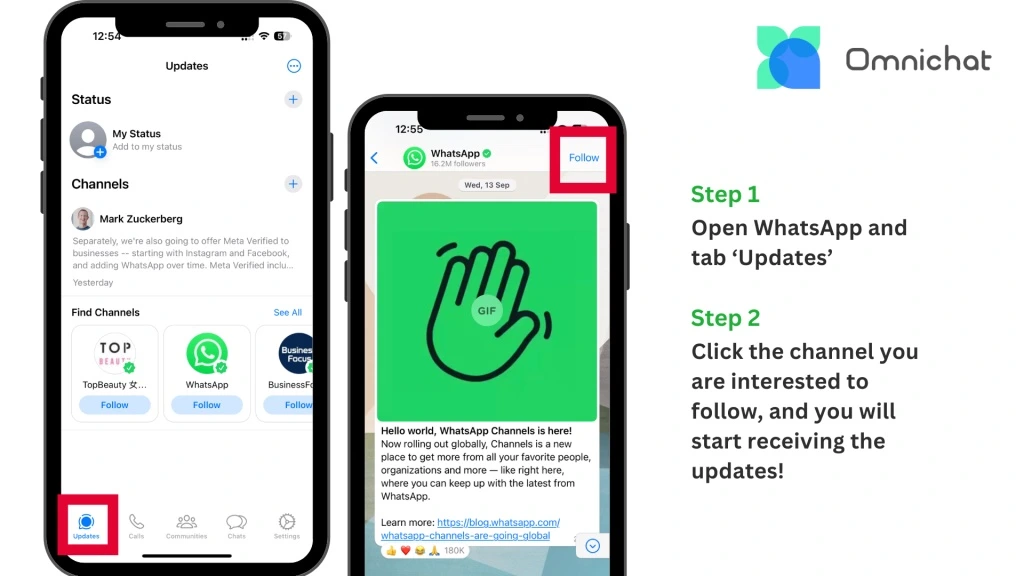 Steps to follow a WhatsApp channel using the Updates tab and start receiving updates