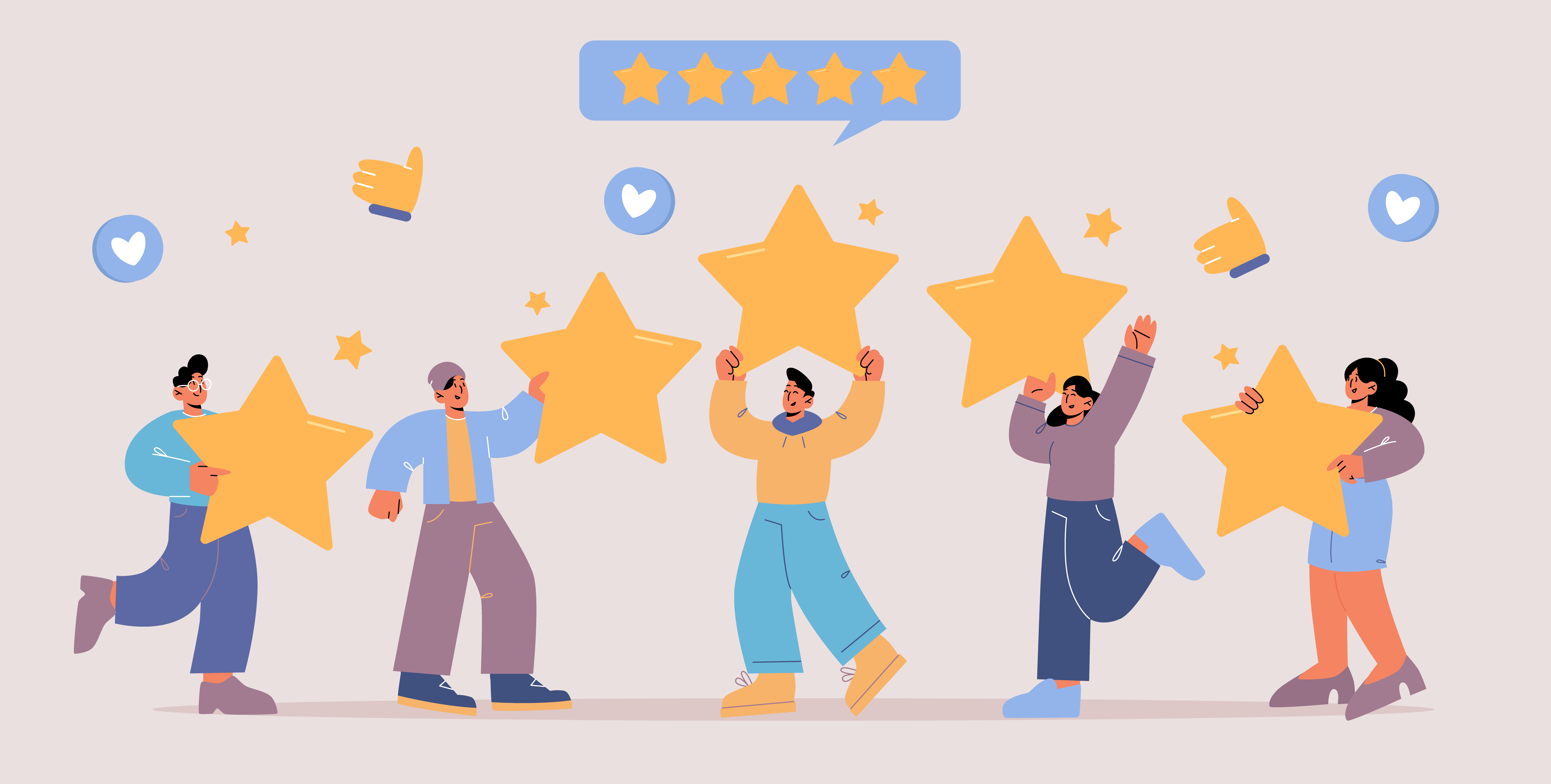 Feedback, customer review concept. Rating of client satisfaction of service, app or product. Vector flat illustration of quality rate with people holding gold stars and like symbols