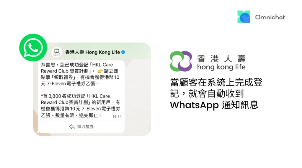 香港人壽自動發送會員成功登記 WhatsApp 通知