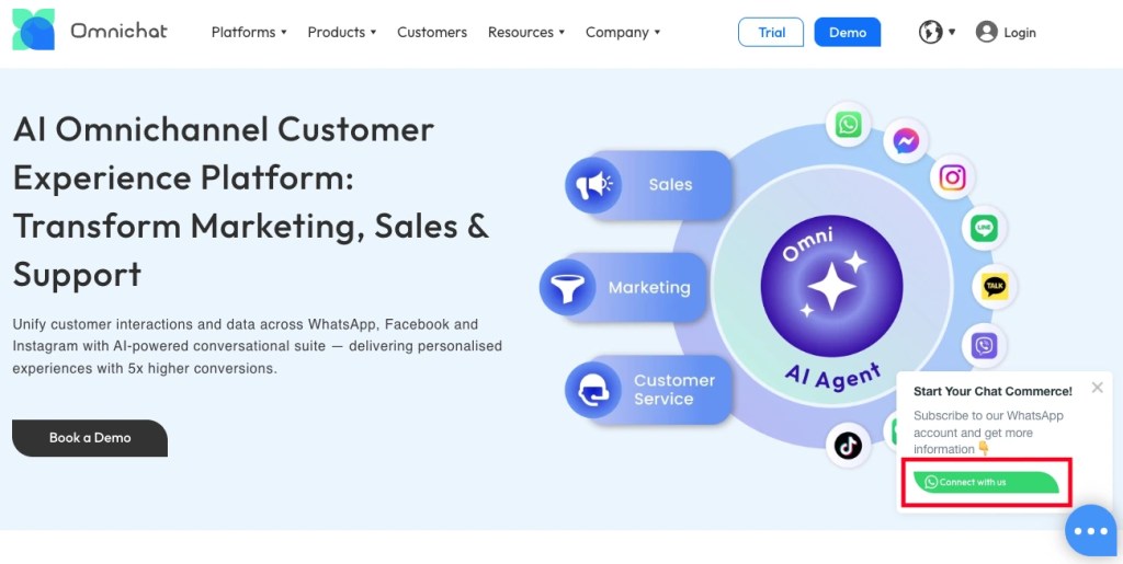Omnichat embed WhatsApp Links on official website, presented as "Connect with us" button.