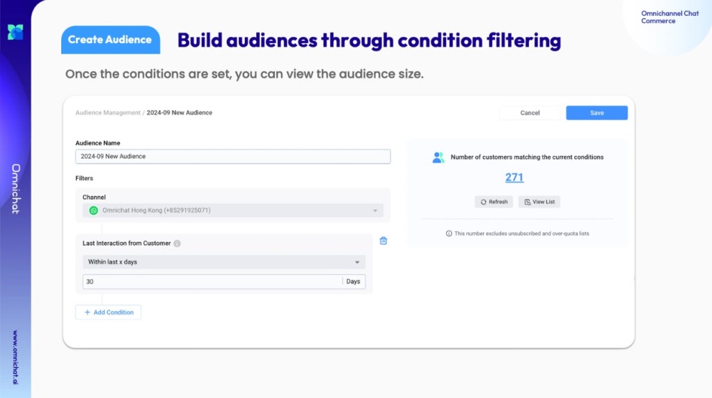 Build audience lists through condition filtering in Omnichat
