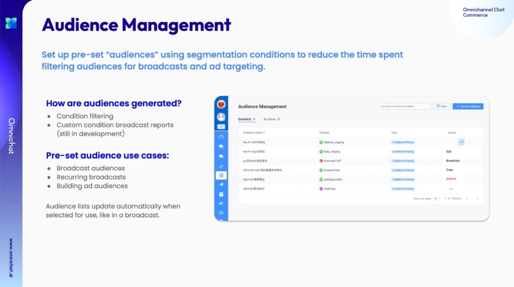 Omnichat Audience Management feature for creating targeted customer segments
