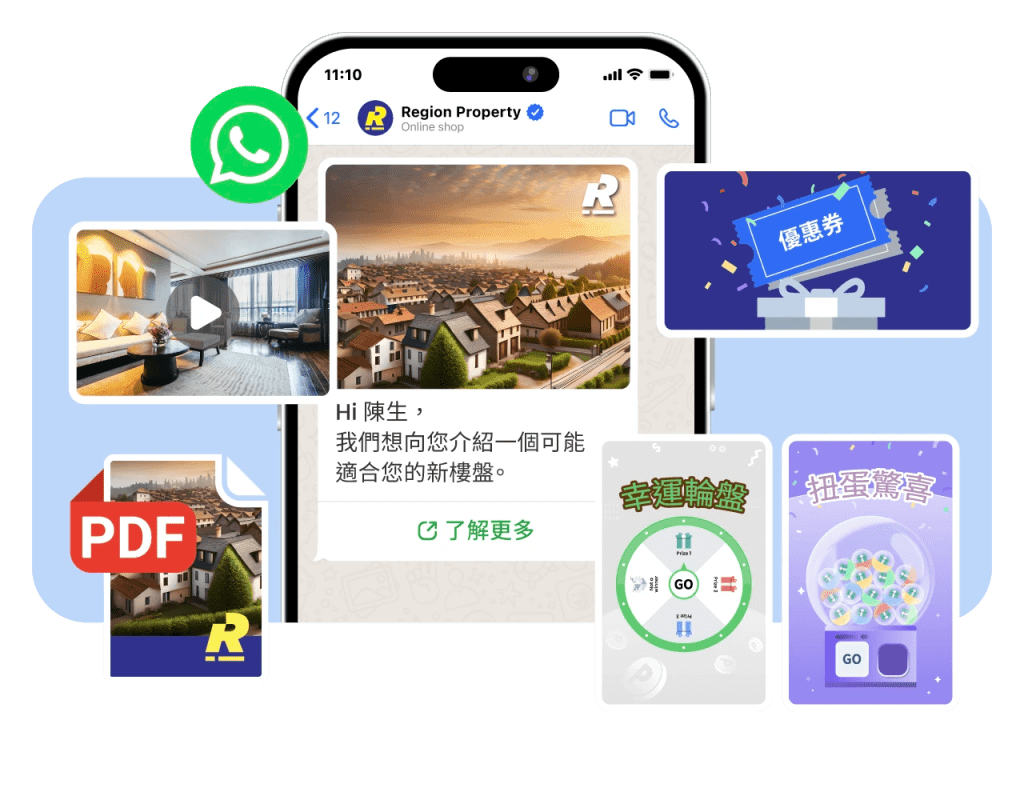 透過 WhatsApp 發送高清相片、影片及 PDF 文件(如樓書),提供全方位的視角