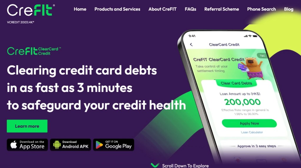 The landing page of the CreFIT ClearCard Credit website.