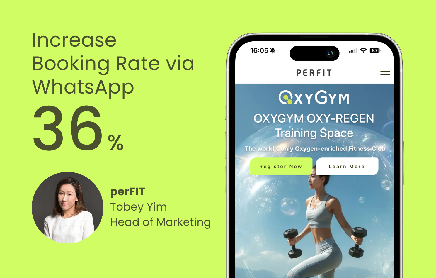 Graphic showing a 36% increase in booking rates via WhatsApp, featuring Head of Marketing Tobey Yim and a smartphone displaying the perFIT OXYGYM interface.