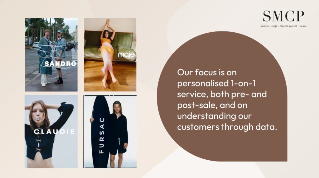 An SMCP Group success story graphic featuring brands like Sandro and Maje, alongside a quote emphasising their focus on providing personalised one-to-one pre- and post-sale customer service driven by data insights.